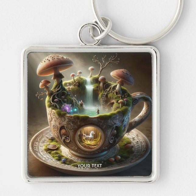 Fantasy Cute Kopp svampar Forest Fyrkantig Silverfärgad Nyckelring (Framsidan)