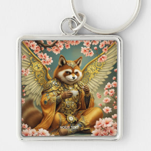 Fantasy Cute Kung Tanuki Tea Fyrkantig Silverfärgad Nyckelring