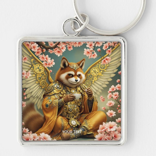 Fantasy Cute Kung Tanuki Tea Fyrkantig Silverfärgad Nyckelring (Framsidan)