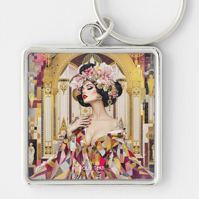 Fantasy Cute Lady Art Deco Fyrkantig Silverfärgad Nyckelring (Framsidan)