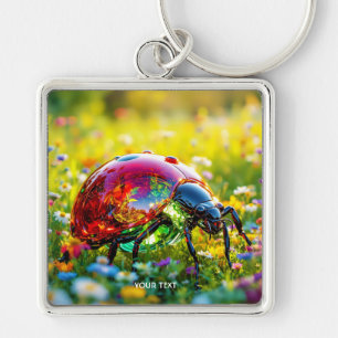 Fantasy Cute Ladybug Polisted Glass Fyrkantig Silverfärgad Nyckelring