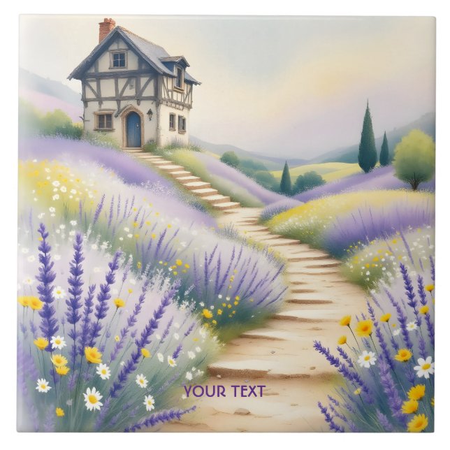 Fantasy Cute Lavender House Flowers Kakelplatta (Framsidan)