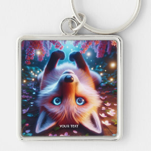 Fantasy Cute Lay Spelning Fox Fyrkantig Silverfärgad Nyckelring