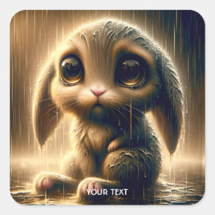 Fantasy Cute Ledsen Bunny Rain Fyrkantigt Klistermärke