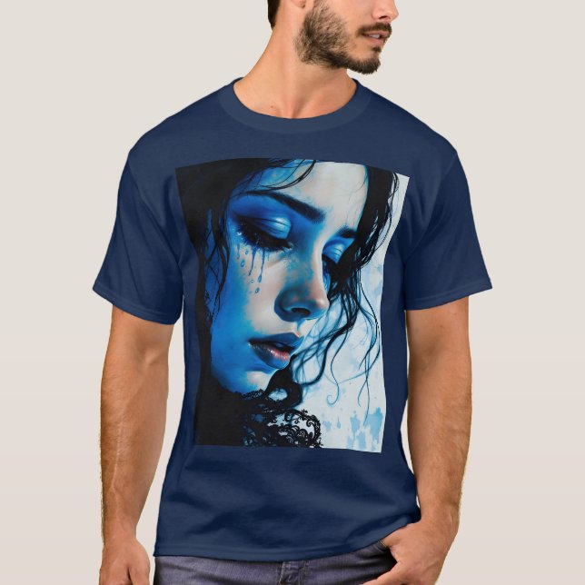Fantasy Cute Ledsen Girl Blue T Shirt (Framsida)