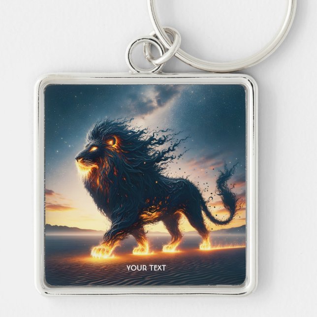 Fantasy Cute Lejon Desert Fire Fyrkantig Silverfärgad Nyckelring (Framsidan)