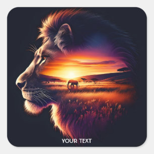 Fantasy Cute lejon Head Savanna Fyrkantigt Klistermärke