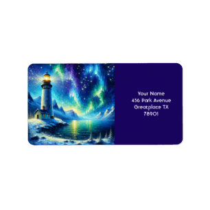 Fantasy Cute Lighthouse Snowy Shoreline Adressetikett