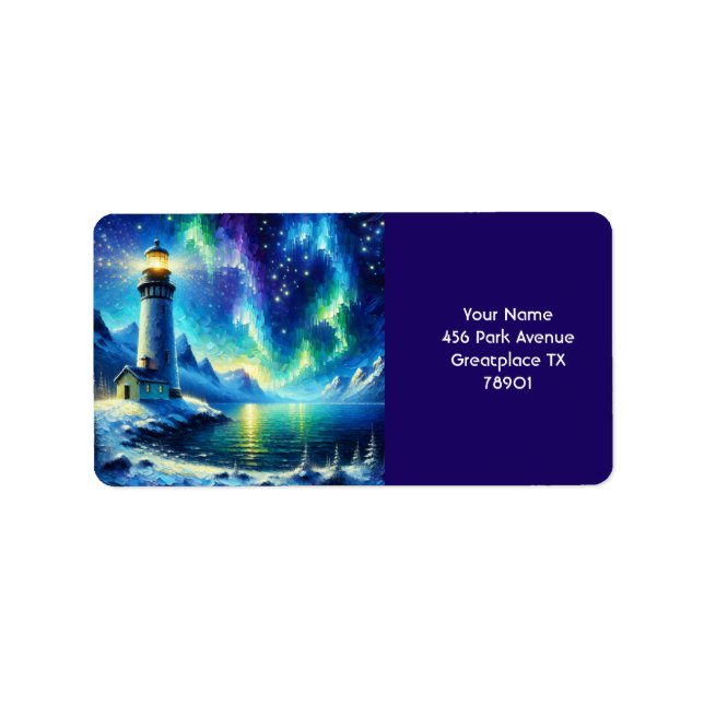 Fantasy Cute Lighthouse Snowy Shoreline Adressetikett (Framsidan)