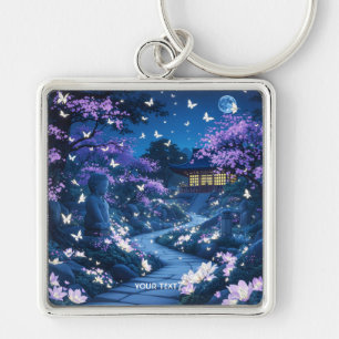 Fantasy Cute Lila Garden Flowers Fyrkantig Silverfärgad Nyckelring