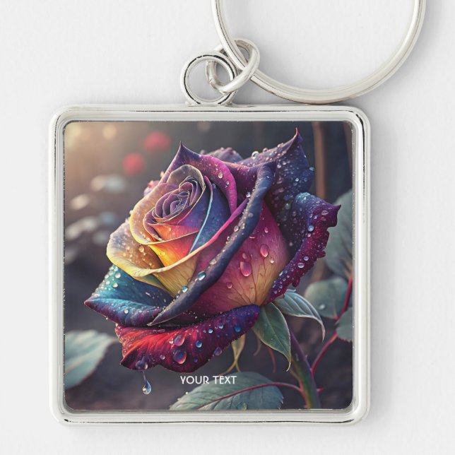 Fantasy Cute Lila Gul ros Fyrkantig Silverfärgad Nyckelring (Framsidan)