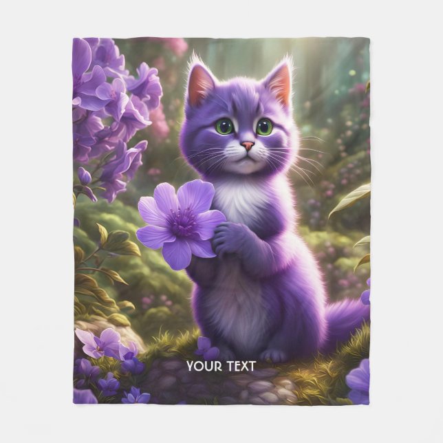 Fantasy Cute Lila Kitten Flower Fleecefilt (Framsidan)