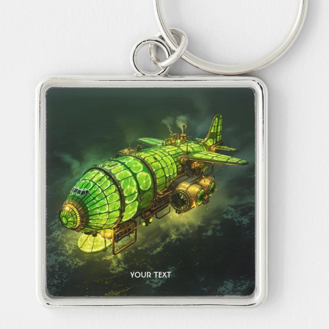 Fantasy Cute Lime Steampunk Flygplan Fyrkantig Silverfärgad Nyckelring (Framsidan)