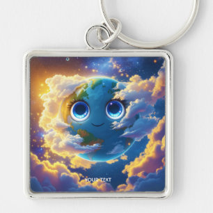 Fantasy Cute Lycklig Earth Space Fyrkantig Silverfärgad Nyckelring