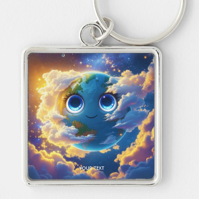 Fantasy Cute Lycklig Earth Space Fyrkantig Silverfärgad Nyckelring (Framsidan)