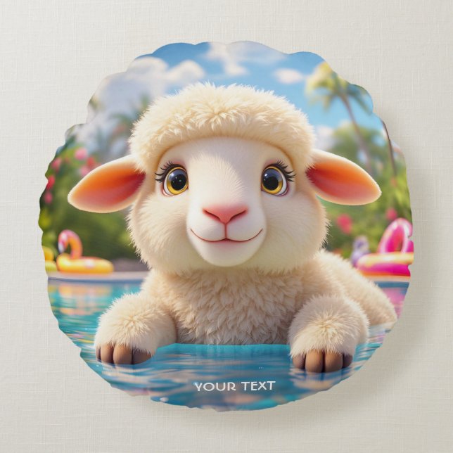 Fantasy Cute Lycklig får Bassäng Rund Kudde (Framsidan)