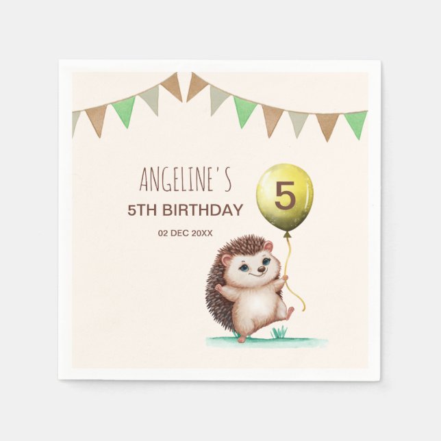 Fantasy Cute Lycklig Hedgehog Balloon Birthday Pappersservett (Framsidan)