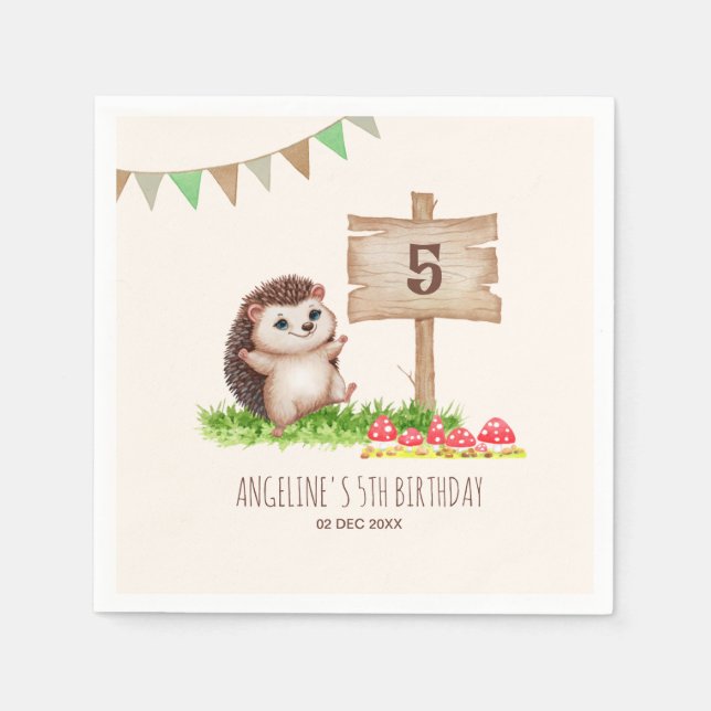 Fantasy Cute Lycklig Hedgehog Forest Birthday Pappersservett (Framsidan)