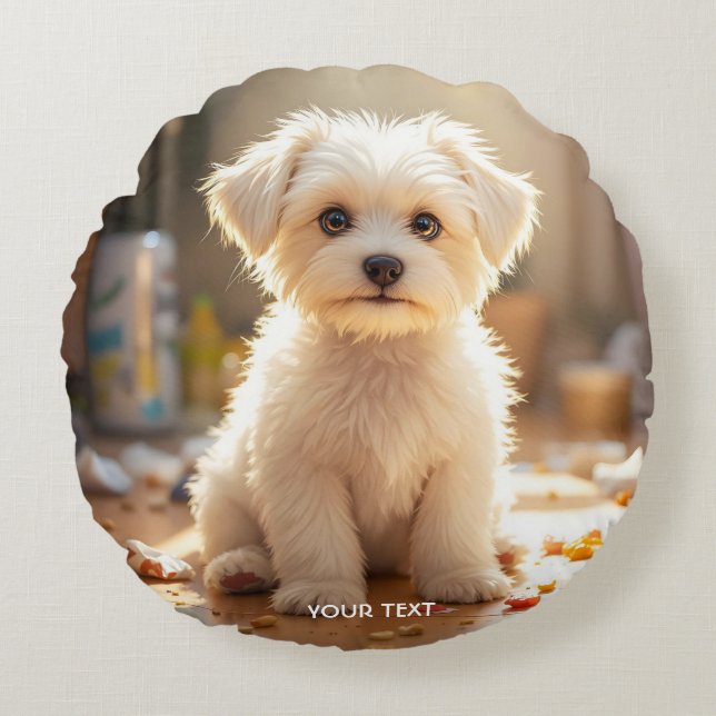Fantasy Cute Lycklig Malta Puppy Rund Kudde (Framsidan)