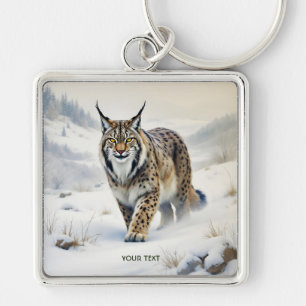 Fantasy Cute Lynx Winter Snö Fyrkantig Silverfärgad Nyckelring