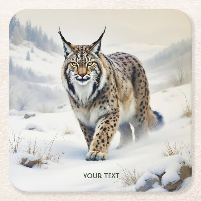 Fantasy Cute Lynx Winter Snö Underlägg Papper Kvadrat (Framsidan)