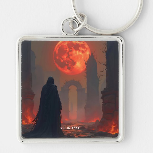 Fantasy Cute Man Måne Red Fyrkantig Silverfärgad Nyckelring (Framsidan)