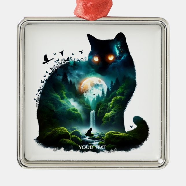 Fantasy Cute Måne Waterfall Cat Julgransprydnad Metall (Framsidan)