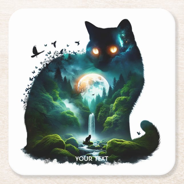 Fantasy Cute Måne Waterfall Cat Underlägg Papper Kvadrat (Framsidan)