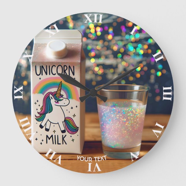 Fantasy Cute Mjölk Unicorn Rainbow Stor Klocka (Framsida)