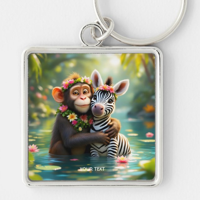Fantasy Cute Monkey Zebra Hug Fyrkantig Silverfärgad Nyckelring (Framsidan)