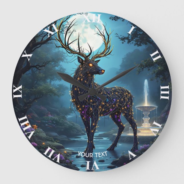 Fantasy Cute Moon Deer Night Stor Klocka (Framsida)