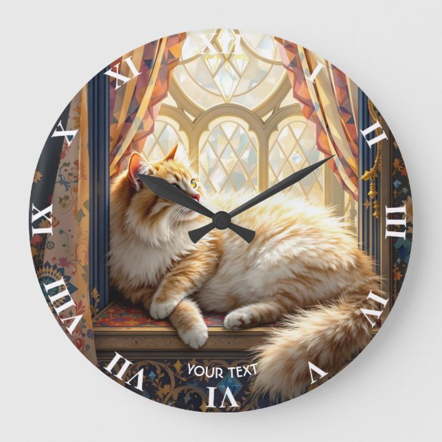 Fantasy Cute-morgonfönsterkatt Stor Klocka (Framsida)