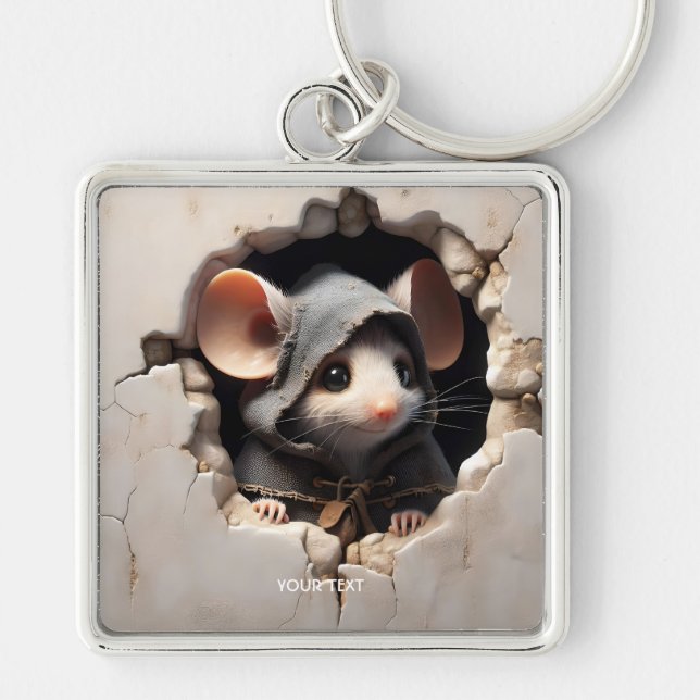 Fantasy Cute Mouse Cracking Wall Fyrkantig Silverfärgad Nyckelring (Framsidan)