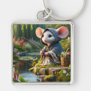 Fantasy Cute Mouse FishFlowers Fyrkantig Silverfärgad Nyckelring