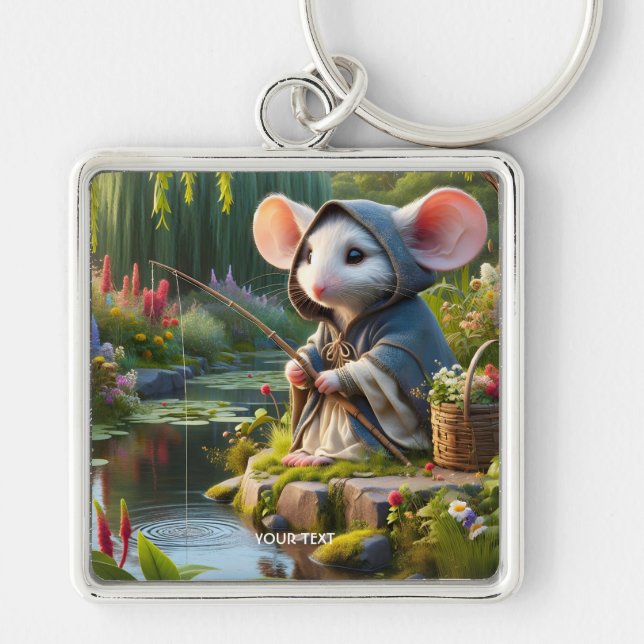 Fantasy Cute Mouse FishFlowers Fyrkantig Silverfärgad Nyckelring (Framsidan)
