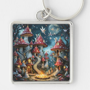 Fantasy Cute Mushroom Forest Realm Fyrkantig Silverfärgad Nyckelring