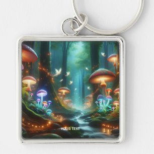 Fantasy Cute MushRums Forest Night Fyrkantig Silverfärgad Nyckelring