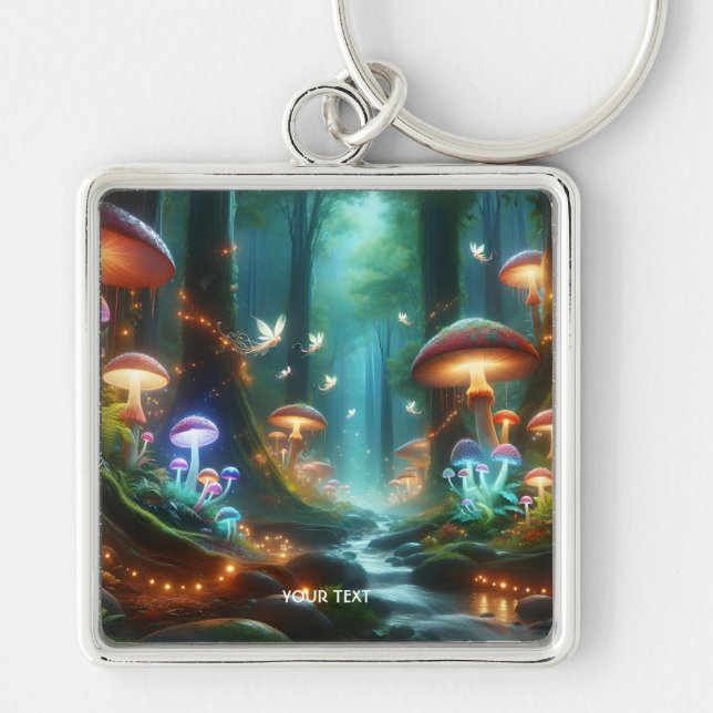 Fantasy Cute MushRums Forest Night Fyrkantig Silverfärgad Nyckelring (Framsidan)