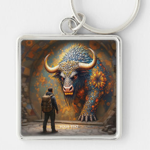 Fantasy Cute Mythical Bull Mosaic Fyrkantig Silverfärgad Nyckelring