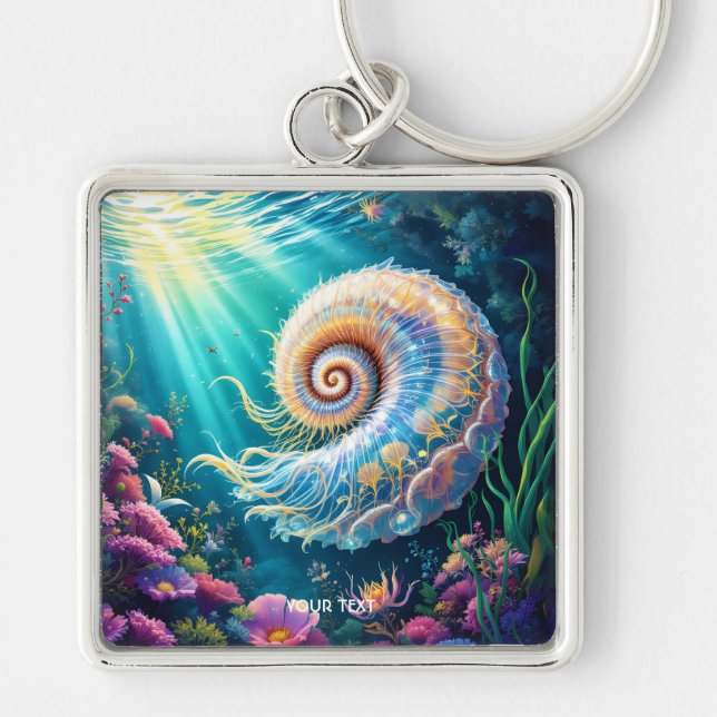 Fantasy Cute Natur Underwater World Fyrkantig Silverfärgad Nyckelring (Framsidan)