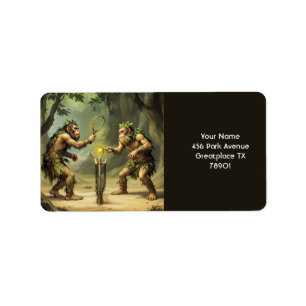 Fantasy Cute Neandertaltaler spelar tennis Adressetikett