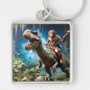Fantasy Cute Neanderthal Riding Dinosaur Fyrkantig Silverfärgad Nyckelring