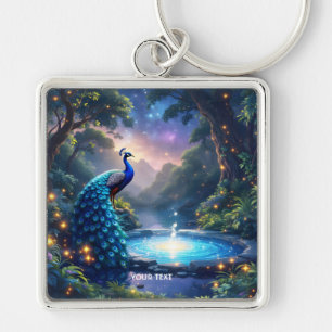 Fantasy Cute Night Puddle Peacock Fyrkantig Silverfärgad Nyckelring