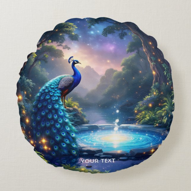 Fantasy Cute Night Puddle Peacock Rund Kudde (Framsidan)