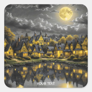 Fantasy Cute Night Sjö Måne Fyrkantigt Klistermärke