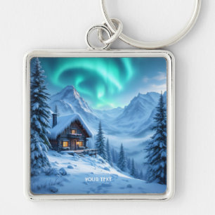 Fantasy Cute North Winter Cabin Fyrkantig Silverfärgad Nyckelring