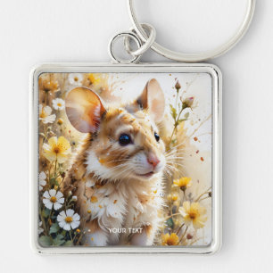 Fantasy Cute Nyfiken Mouse Garden Fyrkantig Silverfärgad Nyckelring