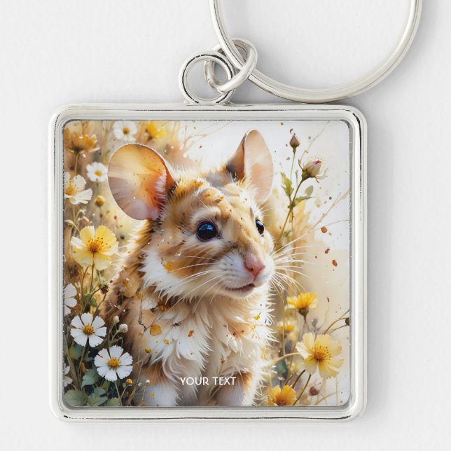 Fantasy Cute Nyfiken Mouse Garden Fyrkantig Silverfärgad Nyckelring (Framsidan)