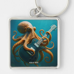 Fantasy Cute Octopus Spelar Guitar Fyrkantig Silverfärgad Nyckelring
