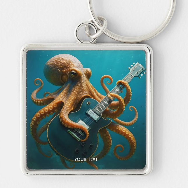Fantasy Cute Octopus Spelar Guitar Fyrkantig Silverfärgad Nyckelring (Framsidan)